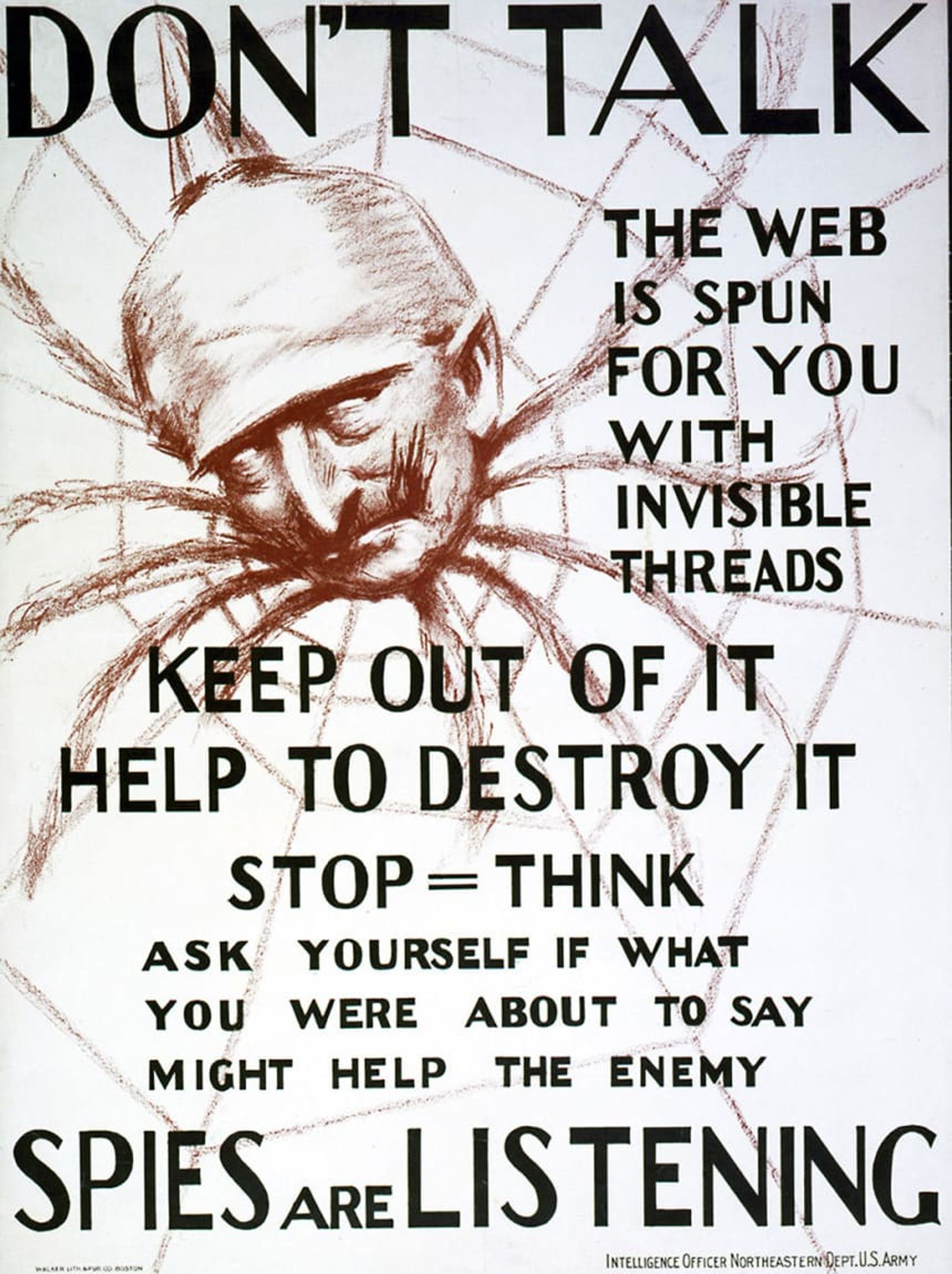 Пропагандистский плакат времен Первой мировой войны разведывательного управления США. Изображает кайзера Вильгельма II в образе паука.
