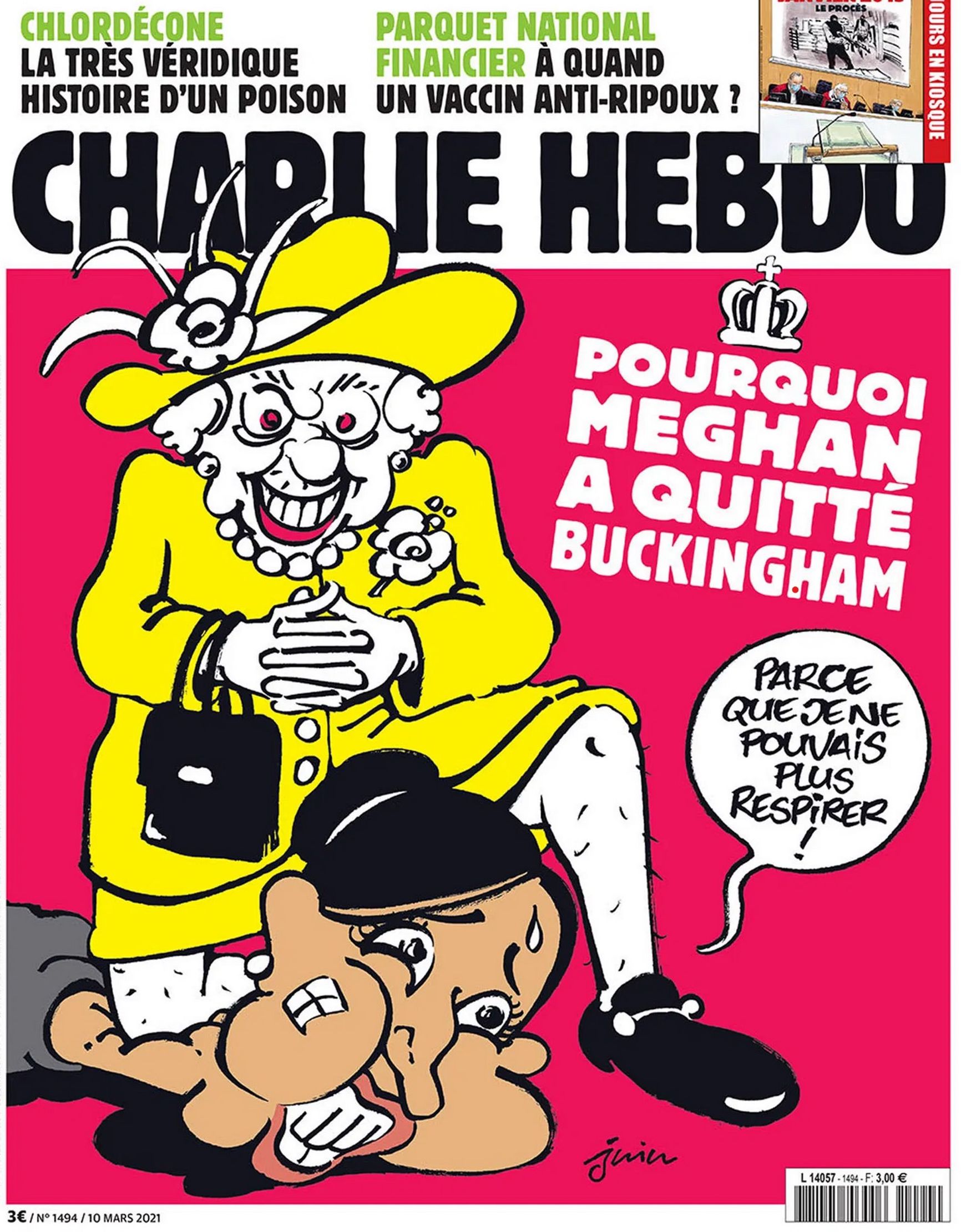 Карикатура из журнала Charlie Hebdo. Заголовок: «Почему Меган покинула Бэкингемский дворец». Фраза, которую произносит Меган Маркл: «Потому что я не могла дышать».