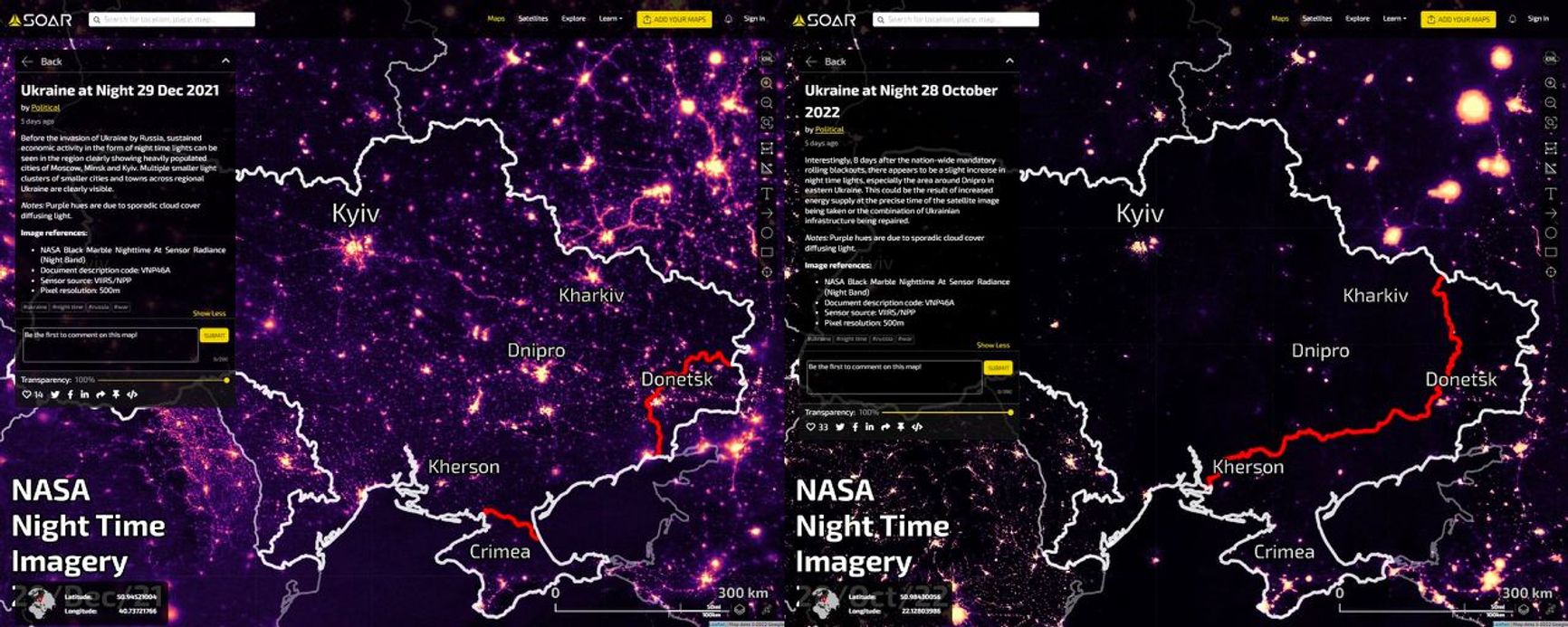 На карте показана иллюминация на территории Украины в декабре 2021 года и 28 октября 2022. Первый масштабный обстрел энергетических объектов Украины произошел 10 октября