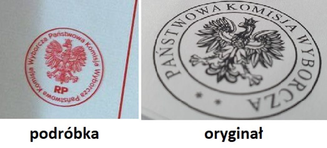 Слева печать с бюллетеней «львовского референдума», справа подлинная печать польского избиркома