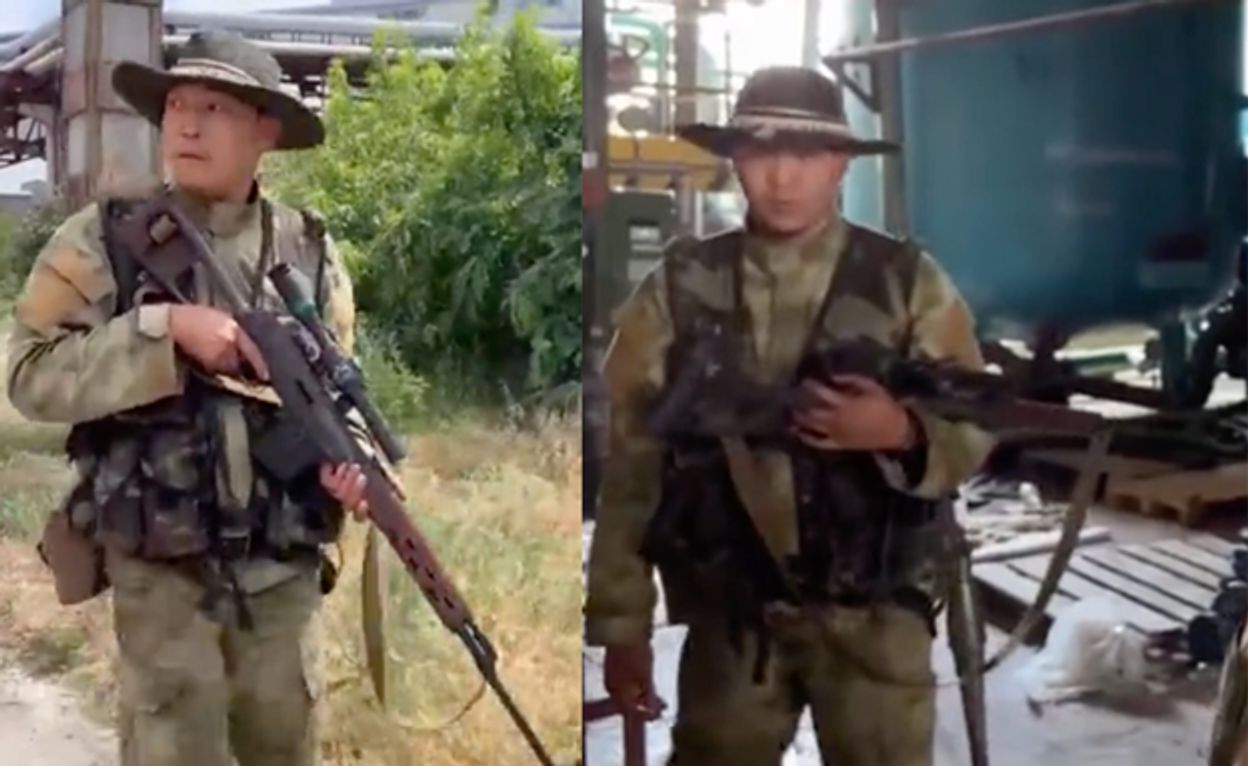 Два скриншота из опубликованного RT видеорепортажа бойцов «Ахмата» на заводе «Азот» в Северодонецке.