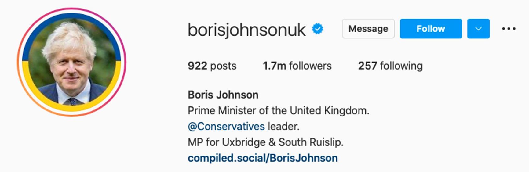 Although the Instagram username reads «Boris Johnson UK,» it can also be read as «Boris Johnsonuk