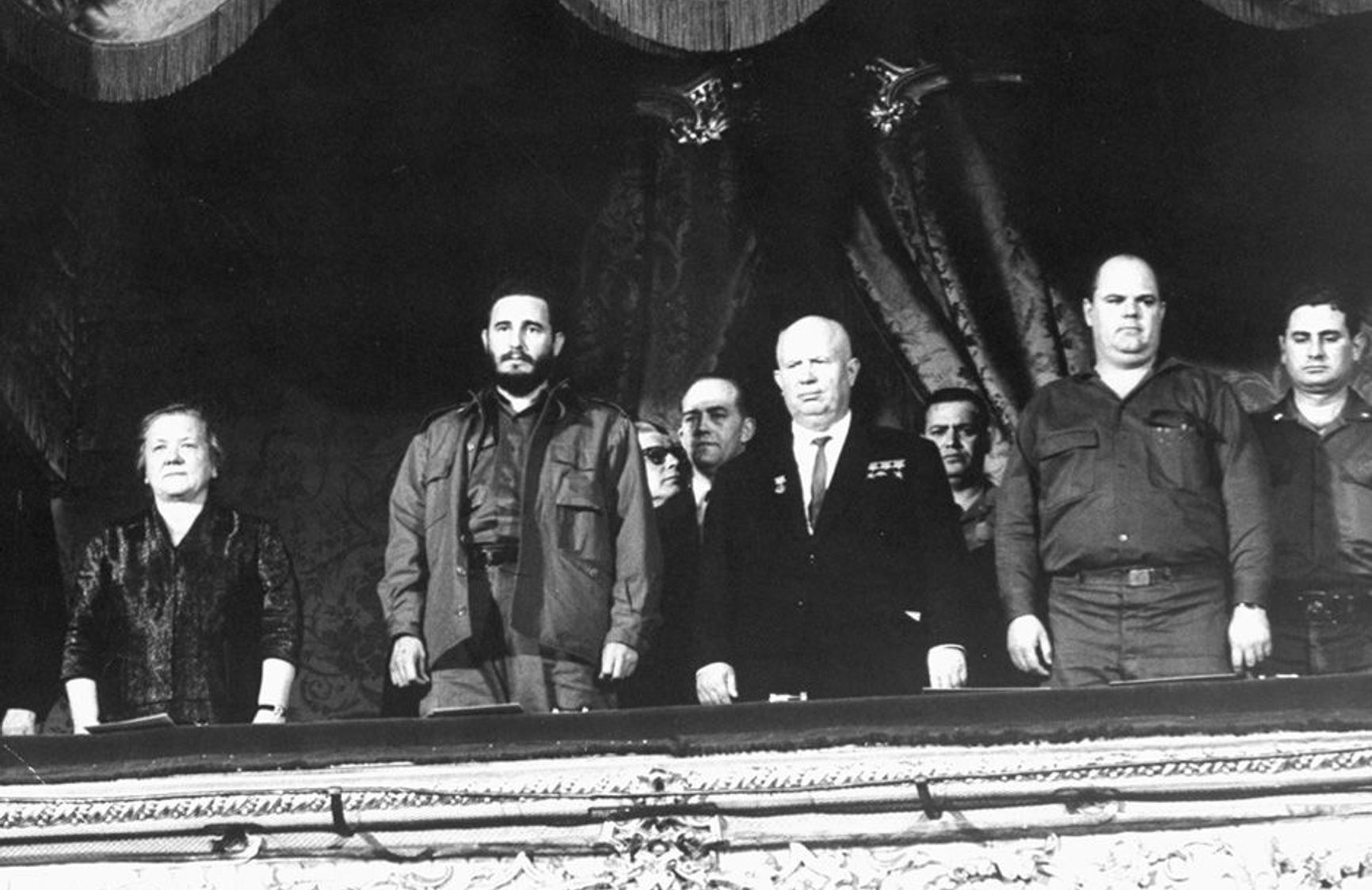 Fidel Castro, Nikita Khrushchev and Emilio Aragonés Navarro in the central box of the Bolshoi Theater