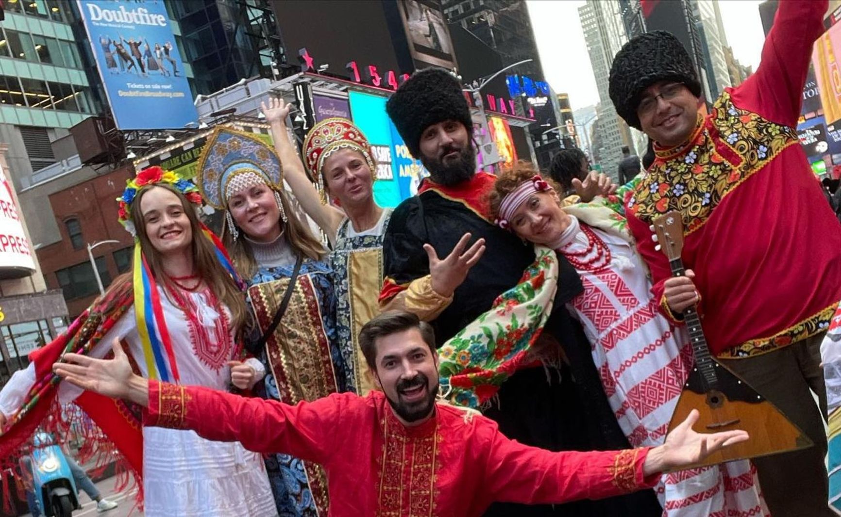 “Russian Youth of America” at a rally to celebrate National Unity Day in Times Square, November 2021. Igor Kochan wears a red shirt and a beard