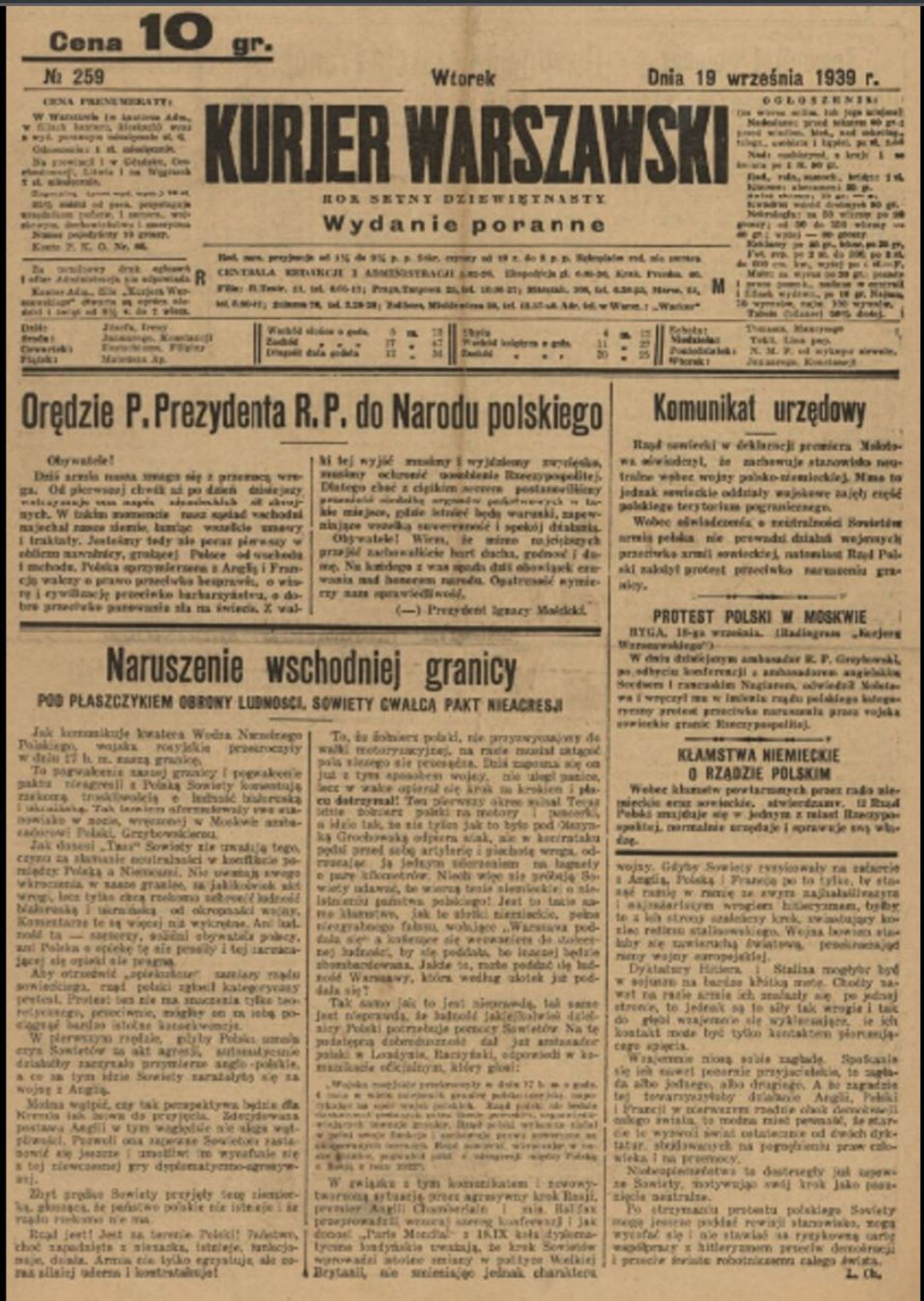 Newspaper Kurjer Warszawski of September 19, 1939