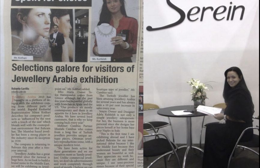 A scan of an article from a Bahraini newspaper that mentions “Maria Adela Rivera Kuhfeldt” and a photo of her at the expo. The photos were emailed by “Adela” to Marcelle D'Argie Smith in December 2013