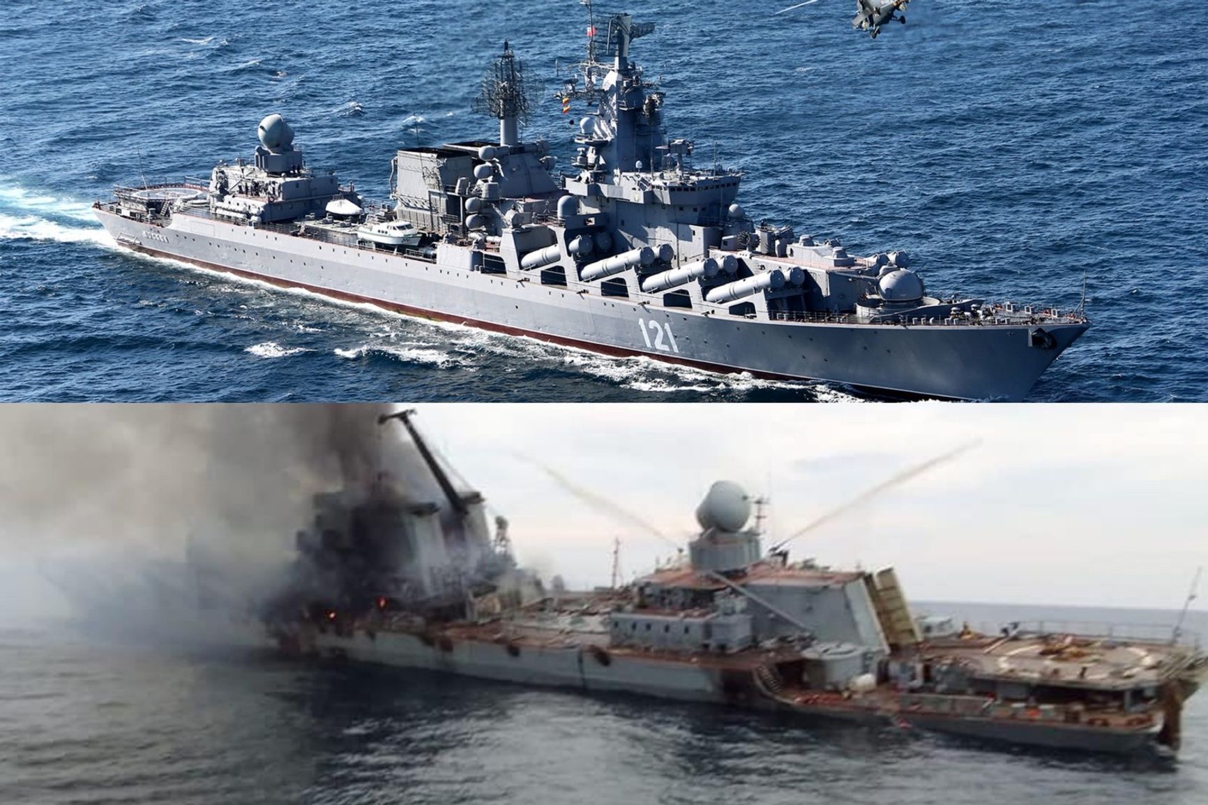 The Moskva cruiser before and after the attack