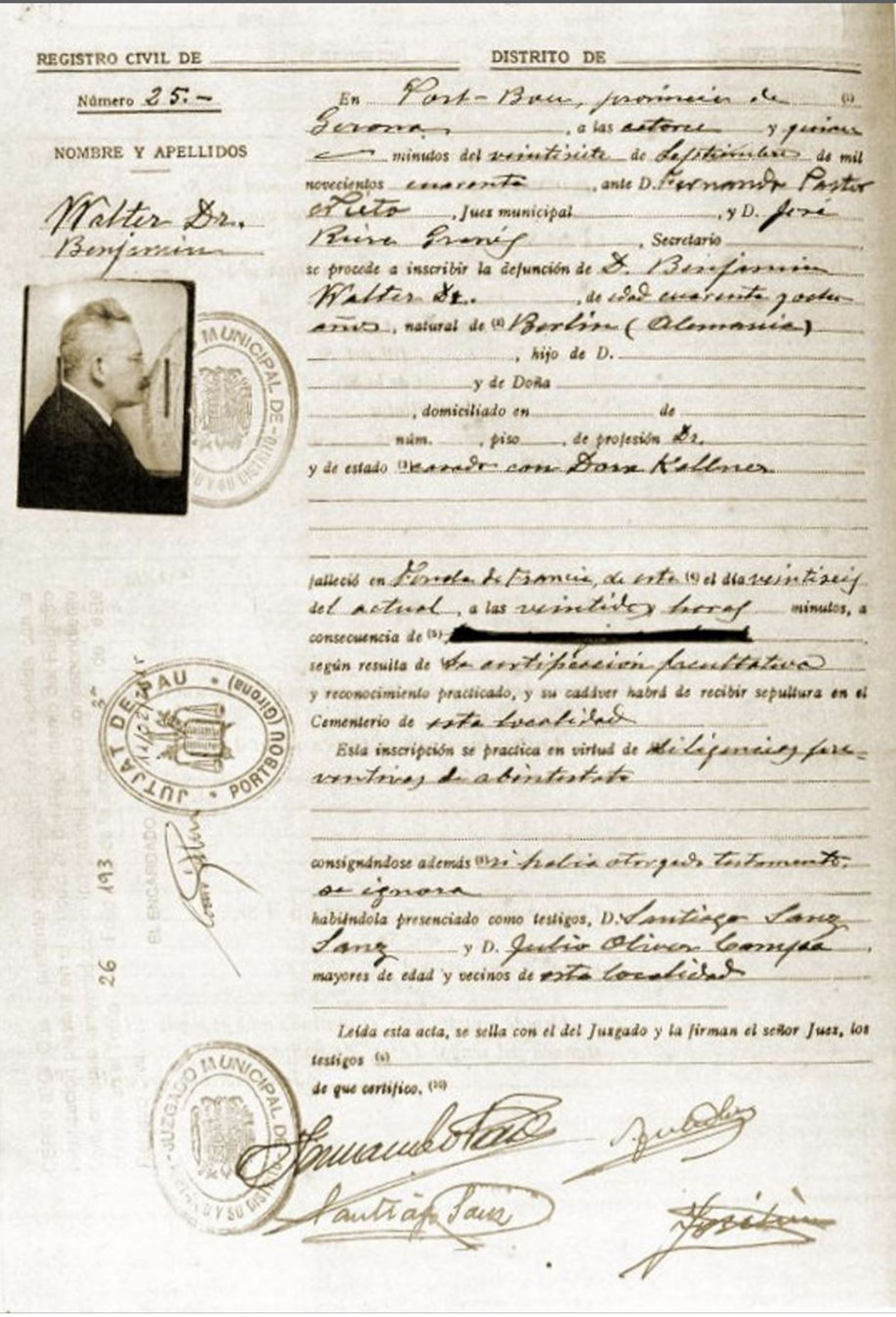 Walter Benjamin's death certificate  urokiistorii.ru