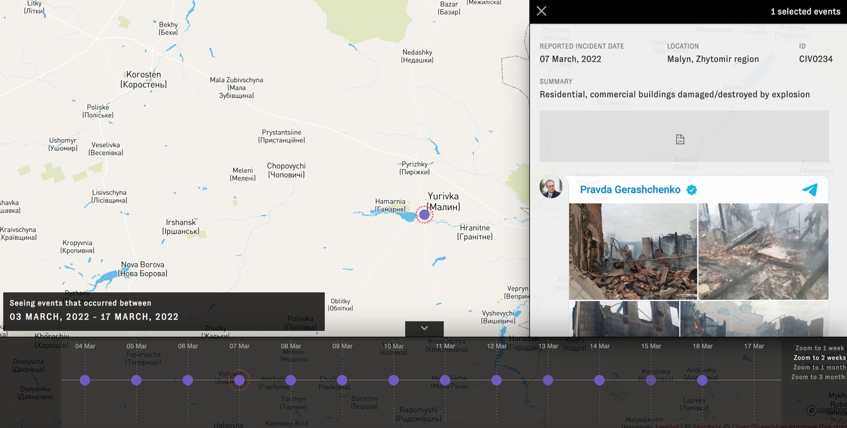 TimeMap screenshot with a specific incident highlighted. Screenshot by Bellingcat